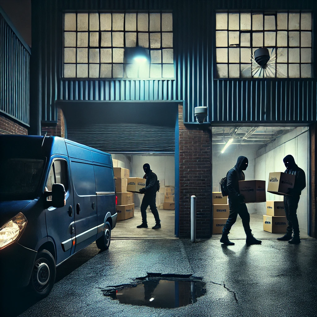 A dark, industrial warehouse at night in Manchester with dim, ominous lighting. Two dark-colored vans are parked near the side entrance. This variation shows the masked thieves loading boxes labeled 'electronics' into the vans, but from a different perspective. The scene highlights the broken security camera in the foreground while another camera captures the thieves in action. Shadows cast by the lighting create an intense atmosphere, enhancing the sense of urgency and organized crime.